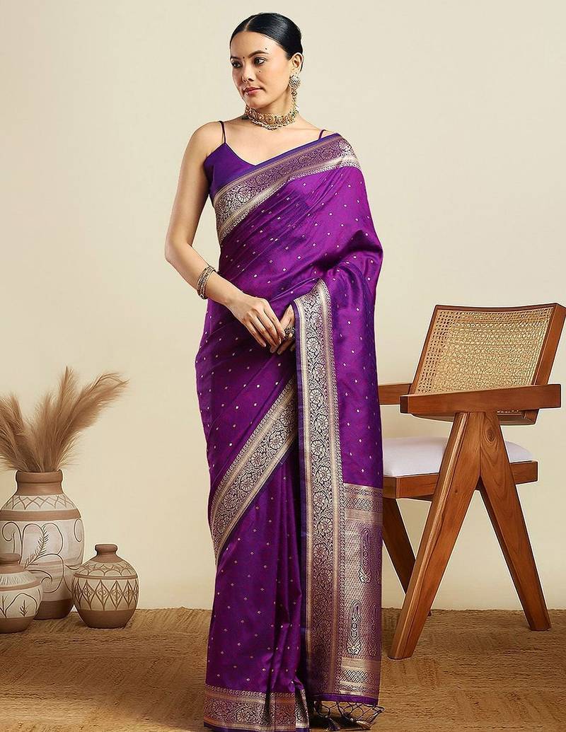 Purple ethnic motifs woven design kanjeevaram saree