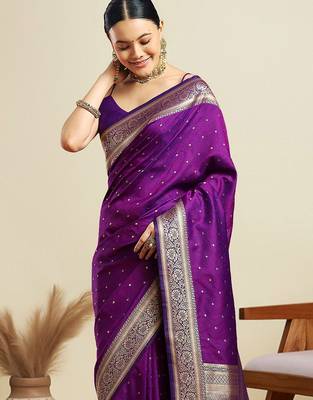 Purple ethnic motifs woven design kanjeevaram saree 4