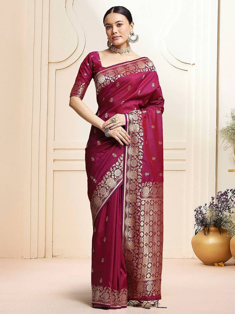 Magenta ethnic motifs woven design zari kanjeevaram saree