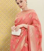 Pink pink & gold-toned ethnic motifs zari saree
