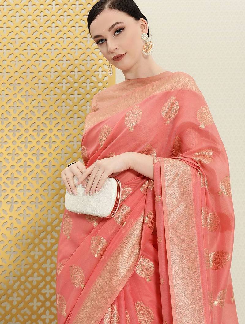 Pink pink & gold-toned ethnic motifs zari saree