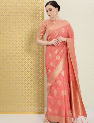 Pink pink & gold-toned ethnic motifs zari saree 2