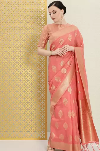 Pink pink & gold-toned ethnic motifs zari saree