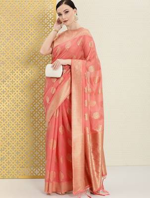 Pink pink & gold-toned ethnic motifs zari saree 4