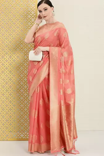 Pink pink & gold-toned ethnic motifs zari saree