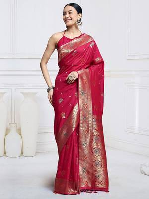 Pink woven design ethnic motifs kanjeevaram saree 4