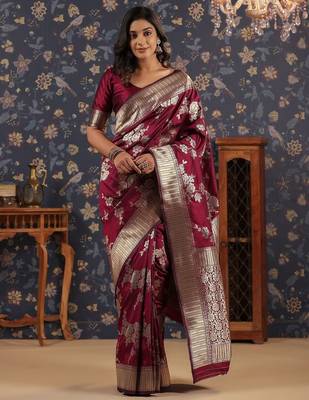 Burgundy ethnic woven design banarasi saree 1