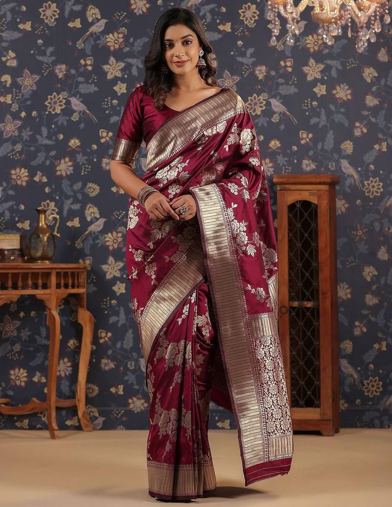 Burgundy ethnic woven design banarasi saree