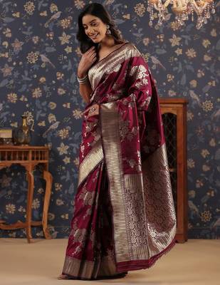 Burgundy ethnic woven design banarasi saree 2