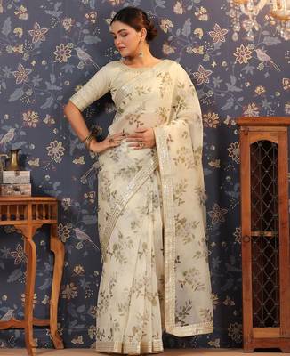 Off white floral printed organza sarees 1