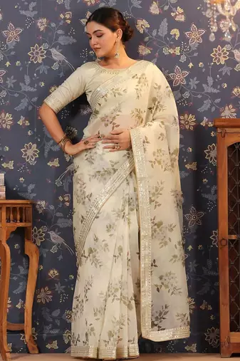 Off white floral printed organza sarees