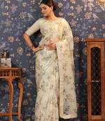 Off white floral printed organza sarees