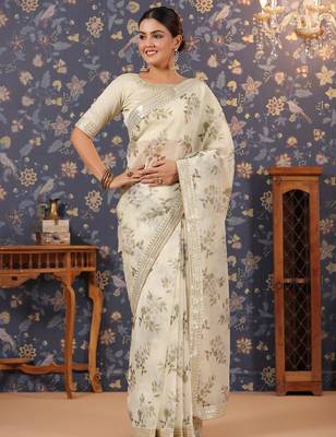 Off white floral printed organza sarees 2
