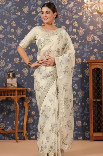 Off white floral printed organza sarees