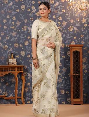 Off white floral printed organza sarees 3