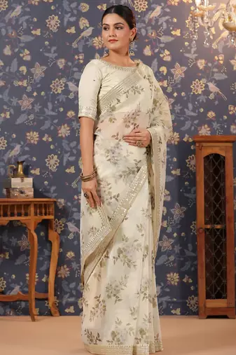 Off white floral printed organza sarees