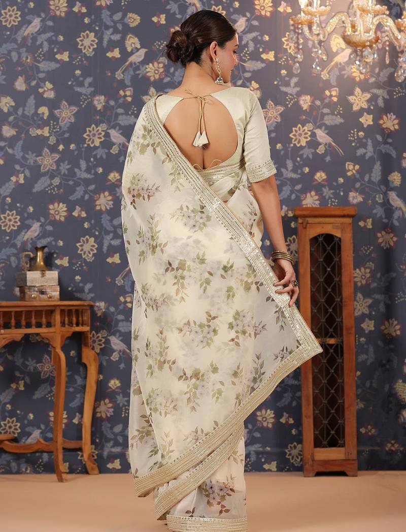 Off white floral printed organza sarees