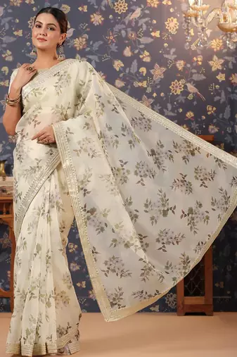 Off white floral printed organza sarees