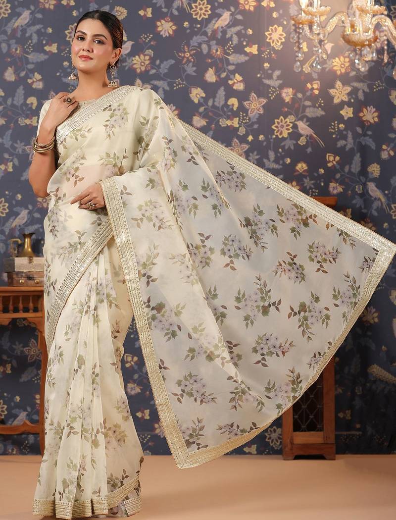 Off white floral printed organza sarees