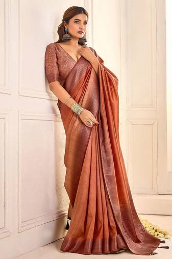 Rust jamdani woven design saree with blouse piece