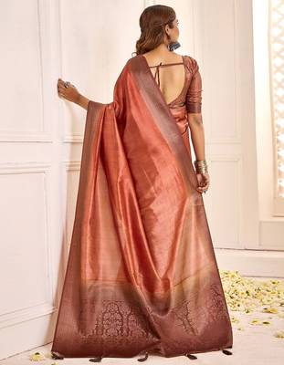 Rust jamdani woven design saree with blouse piece 2