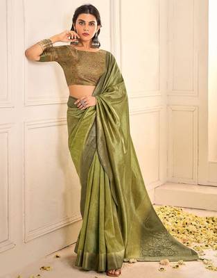 Green woven design jamdani saree with blouse piece 1