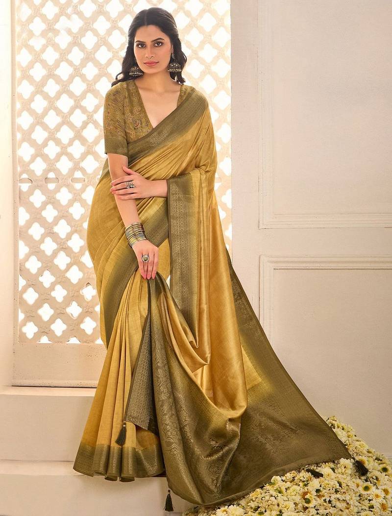 Gold jamdani woven design saree with blouse piece