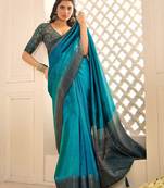 Blue woven design jamdani saree with blouse piece