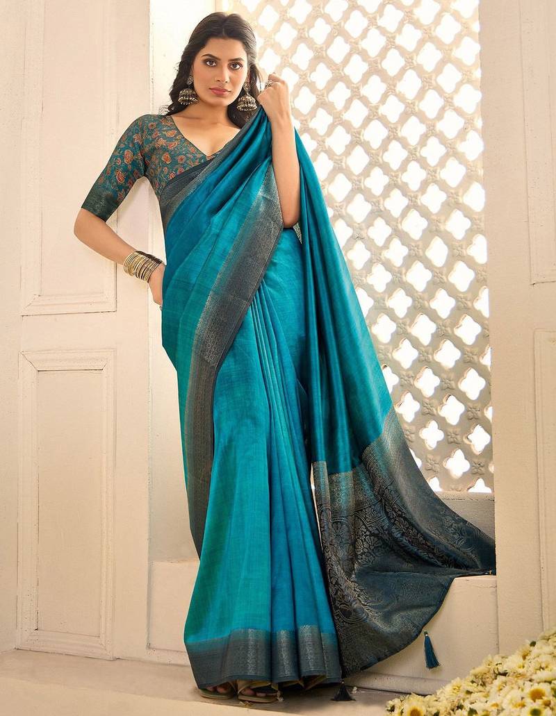 Blue woven design jamdani saree with blouse piece