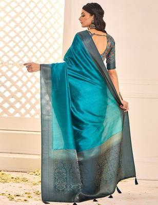 Blue woven design jamdani saree with blouse piece 2