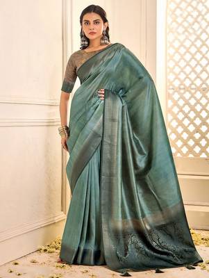 Sea green woven design jamdani saree with blouse piece 1
