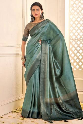 Sea green woven design jamdani saree with blouse piece