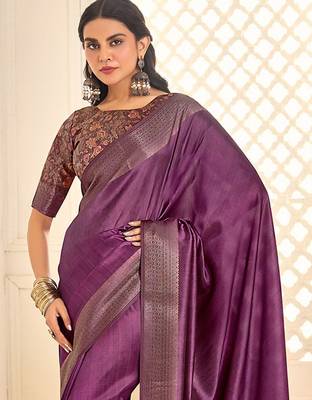 Purple jamdani woven design saree with blouse piece 3