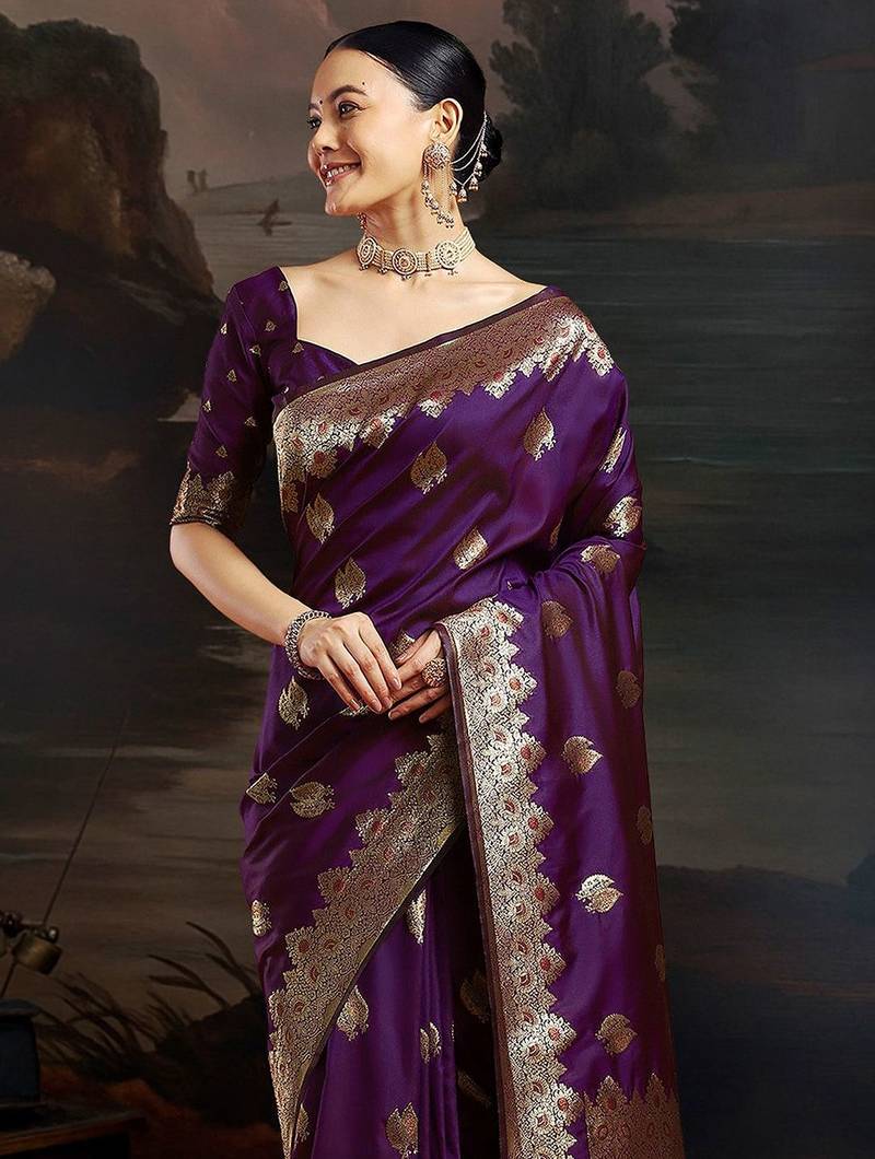 Purple woven design zari kanjeevaram saree with unstitched blouse