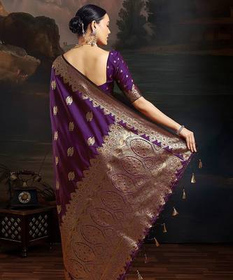 Purple woven design zari kanjeevaram saree with unstitched blouse 2