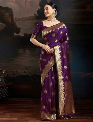 Purple woven design zari kanjeevaram saree with unstitched blouse 3