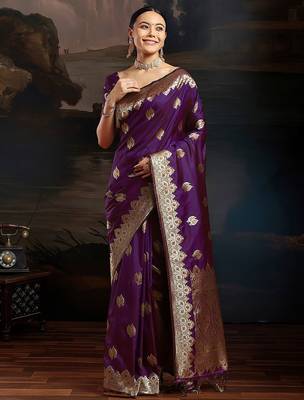Purple woven design zari kanjeevaram saree with unstitched blouse 4