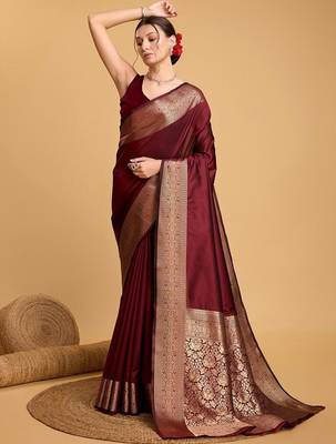 Maroon art silk woven design zari kanjivaram saree with unstitched blouse piece 1