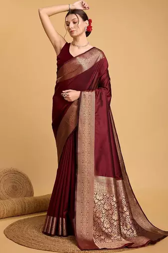 Maroon art silk woven design zari kanjivaram saree with unstitched blouse piece