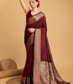 Maroon art silk woven design zari kanjivaram saree with unstitched blouse piece