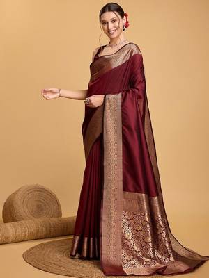 Maroon art silk woven design zari kanjivaram saree with unstitched blouse piece 2