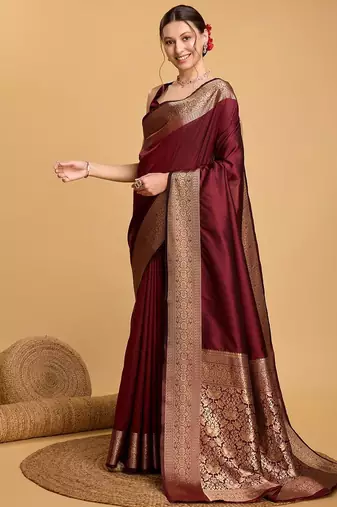 Maroon art silk woven design zari kanjivaram saree with unstitched blouse piece