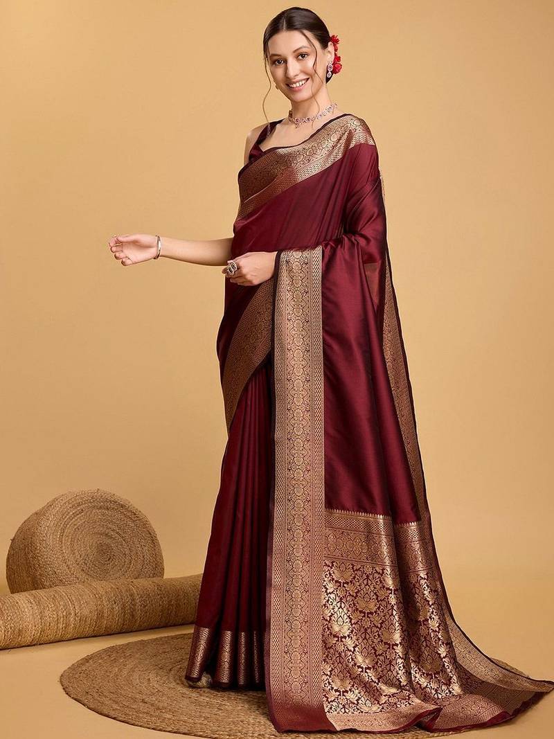 Maroon art silk woven design zari kanjivaram saree with unstitched blouse piece