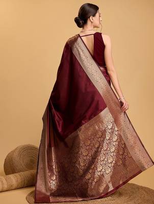 Maroon art silk woven design zari kanjivaram saree with unstitched blouse piece 3