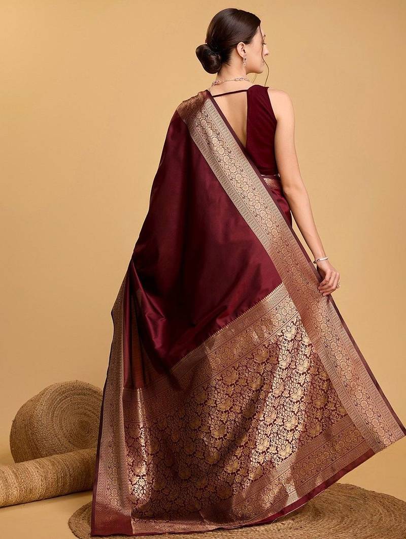 Maroon art silk woven design zari kanjivaram saree with unstitched blouse piece