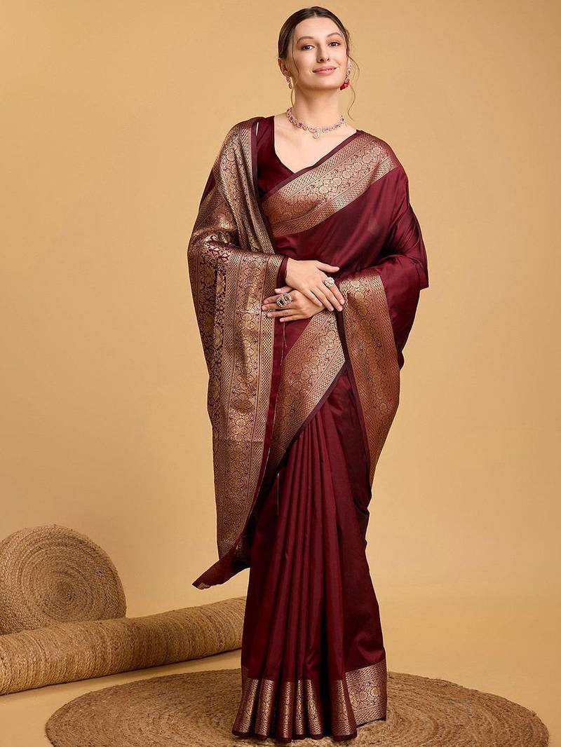 Maroon art silk woven design zari kanjivaram saree with unstitched blouse piece