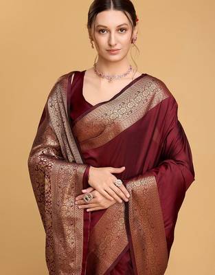 Maroon art silk woven design zari kanjivaram saree with unstitched blouse piece 5