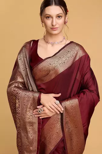 Maroon art silk woven design zari kanjivaram saree with unstitched blouse piece