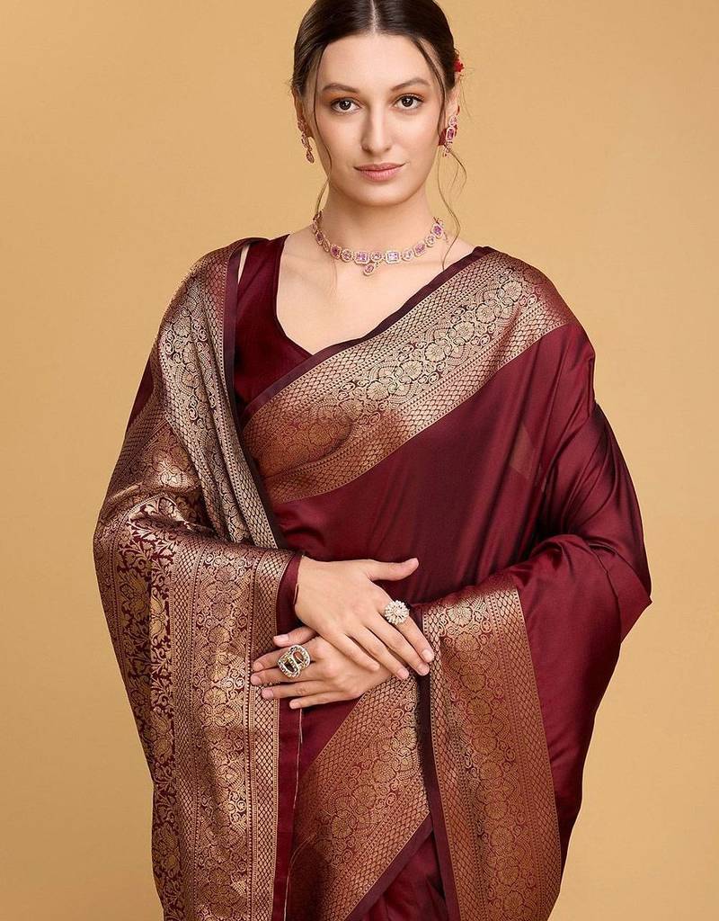 Maroon art silk woven design zari kanjivaram saree with unstitched blouse piece