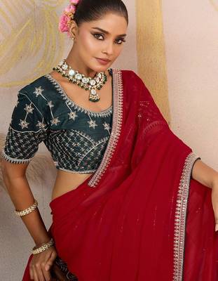 Red sequinned pure georgette saree 1